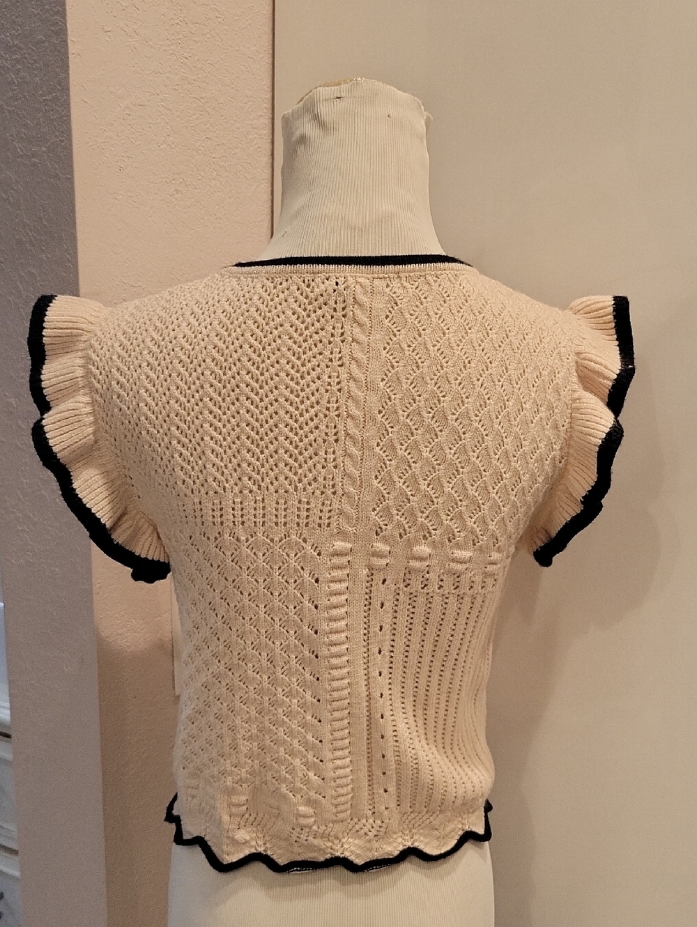 Cream Knit Ruffle Sleeve Top with Black Trim - Picture 4 of 6
